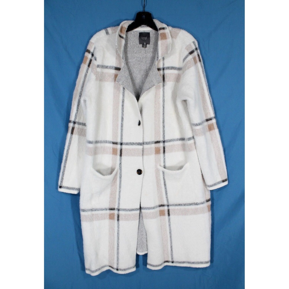 LYSSE White PLAID PRINT Button-Up FAUX MINK SWEATER 2-Pockets JACKET/COAT Sz S/M